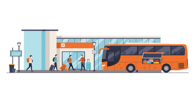Bus station scene orange bus luggage people with bags entering the station