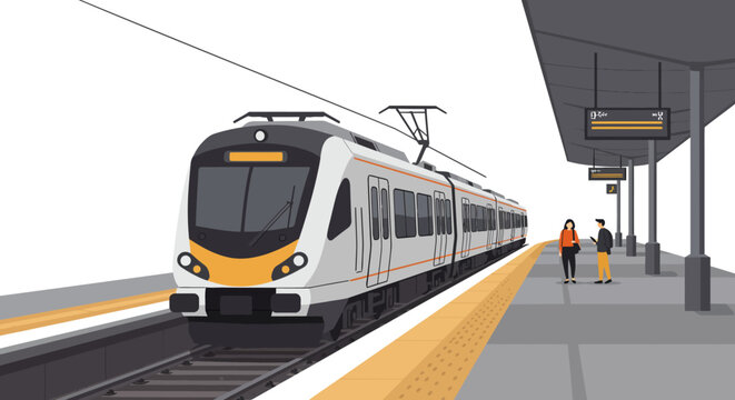 An electric train is at the station as people wait