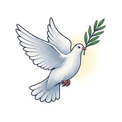 Fototapeta premium White Dove Flying with Olive Branch in Bright Light Symbolizing Peace and Hope