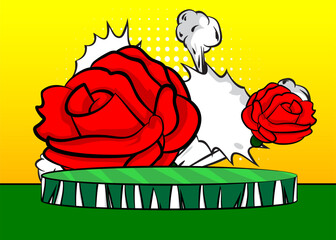 Comic Book Product podium stage for mockup presentation with Red Rose. Retro comics background.