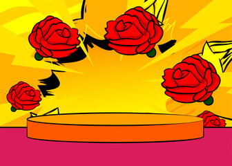 Comic Book Product podium stage for mockup presentation with Red Rose. Retro comics background.
