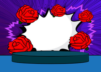 Comic Book Product podium stage for mockup presentation with Red Rose. Retro comics background.