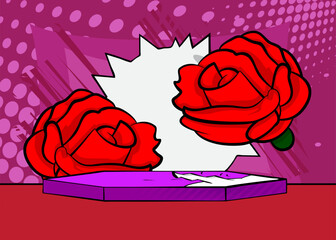 Comic Book Product podium stage for mockup presentation with Red Rose. Retro comics background.