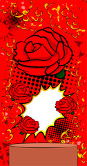 Comic Book Product podium stage for mockup presentation with Red Rose. Retro comics background.