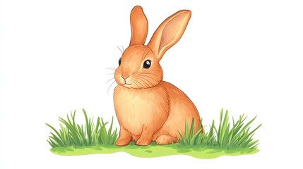 Cute orange bunny sitting in grass, white background, children's book illustration