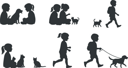 Children playing with pets, dog walking, cat cuddling, silhouette kids, animal friendship, outdoor activity, happy childhood moments, pet care, bonding, lifestyle concept