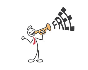Cheerful Stick Figure Announces Free Offer with Trumpet on Transparent Background