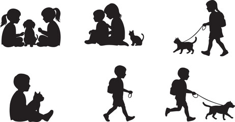 Children playing with pets, dog walking, cat cuddling, silhouette kids, animal friendship, outdoor activity, happy childhood moments, pet care, bonding, lifestyle concept