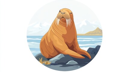 Arctic walrus resting coastal rocks, mountains background, wildlife illustration