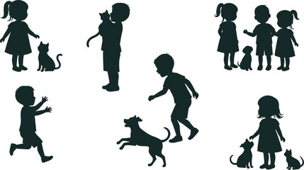 Children with pets, silhouette kids, cat cuddle, dog play, animal bonding, happy childhood, outdoor fun, pet care, friendship, lifestyle concept