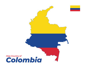 Obraz premium Map of Colombia with national flag colors and coat of arms inside. Vector illustration of American country outline, patriotic symbol design.