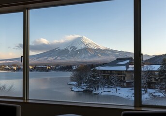 Obraz premium Majestic Mount Fuji and Serene Lake Kawaguchiko in Winter, Viewed from a Hotel Window
