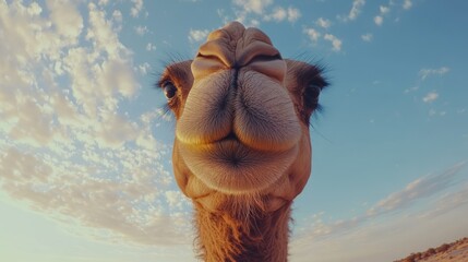 Desert camel close-up, sunset sky, travel photography