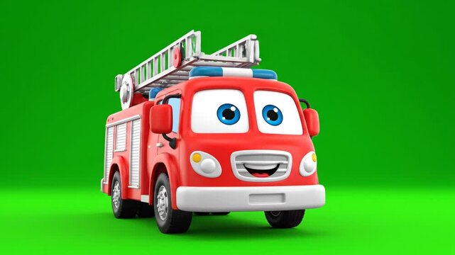 Cute Animated Cartoon Fire Truck on a Green Screen Background.