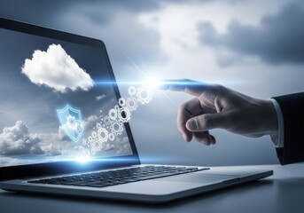 Digital Hand Interacting with Cloud Computing and Data Security on Laptop Screen, Featuring Glowing Gears and Cyber Protection Concept