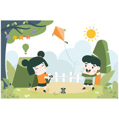 Children Flying Kite with Cartoon Tree Green Tent Sunny Sky Vector Illustration Cheerful Kid Playing Outdoors Childhood Recreation in Park