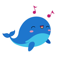 Blue cartoon whale with closed eyes and pink cheeks singing a happy song with musical notes vector on white background.