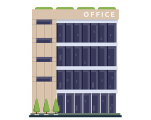 Modern Office Building Pixel Art Illustration with Transparent Background and Geometric Design in Beige and Dark Blue Color Scheme with Green Rooftop Bushes