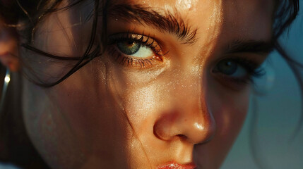 Sensual gaze of a young woman with dramatic lighting, evoking mystery and allure, perfect for fashion and beauty concepts. Closeup female seduction of a girl