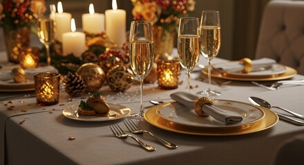 Elegant table setting with champagne glasses candles and festive decorations