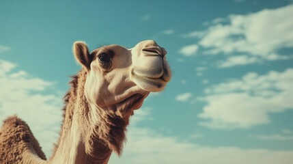 Desert camel portrait, sunny sky, tourism, travel