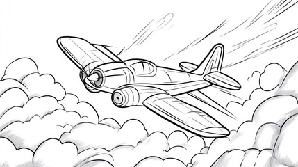 Vintage propeller plane soaring through clouds, illustration, coloring page