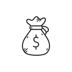 Money Bag Icon Outline Drawing of a Sacks with Dollar Sign on Transparent Background for Finance or Donation Concepts