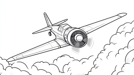 Vintage propeller plane flying above clouds, illustration