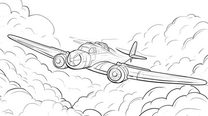 Vintage plane flying above clouds; illustration