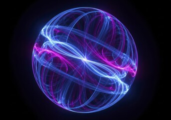 Dynamic Luminous Energy Sphere with Intertwining Blue and Pink Light Trails, Isolated on a Dark Background