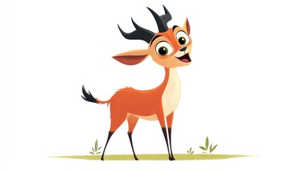 Happy cartoon antelope, grassy field, white background, children's book illustration