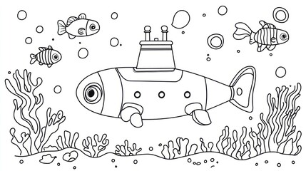 Underwater Submarine Coloring Page with Fish
