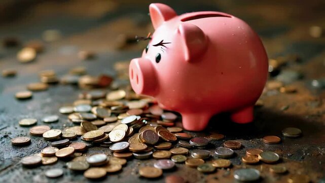 A pink piggy bank, coins scattered on a rustic surface, capturing savings and finance