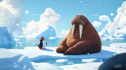 Arctic walrus penguin cartoon iceberg background animation