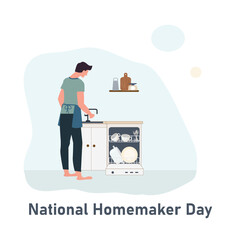 Minimalist cartoon illustration of a man washing dishes in the kitchen for National Homemaker Day. Flat vector style with clean background and soft colors, concept of modern family and daily chores.