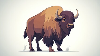 Plains bison standing, grassland background, wildlife illustration, children's book