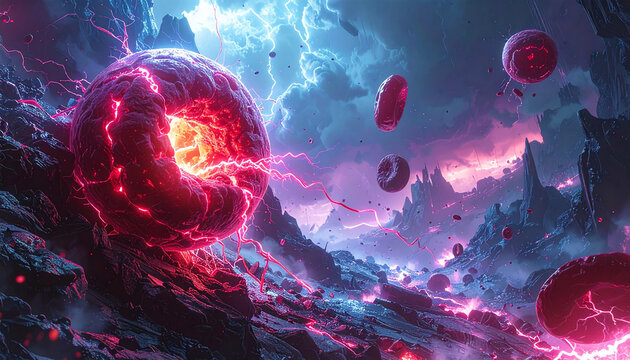 Glowing platelets form electric shield around wound on dramatic sci fi battlefield, with vibrant energy, stormy sky, and rocky terrain, evoking intense action