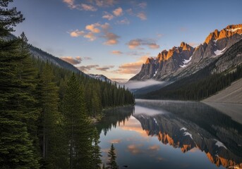 Fototapeta premium Majestic Mountain Lake at Golden Hour: Serene Reflection of Sunlit Peaks and Alpine Forest under a Vibrant Sky