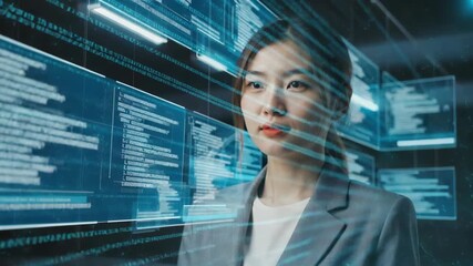 Businesswoman surrounded by transparent digital interfaces analyzing futuristic data screens, artificial intelligence, software development, big data, cybersecurity, and innovation in technology - Powered by Adobe