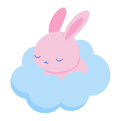 Cute pink cartoon bunny with closed eyes sleeping peacefully on a fluffy light blue cloud animal vector on white background.