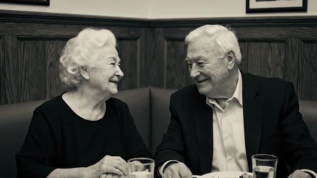 Smiling elderly couple sharing intimate dinner at a restaurant