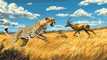 Cheetah chasing gazelle in African savanna, hunt