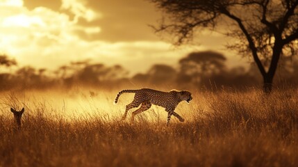 Cheetah hunting savanna sunset wildlife Africa