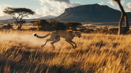 Cheetah sprints, African savanna sunset, wildlife documentary
