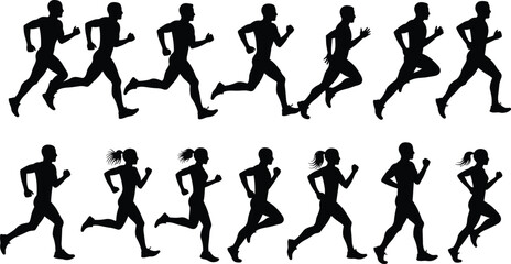 Silhouette sequence of male and female runners in motion, athletic jogging exercise, running posture illustration, fitness training concept isolated