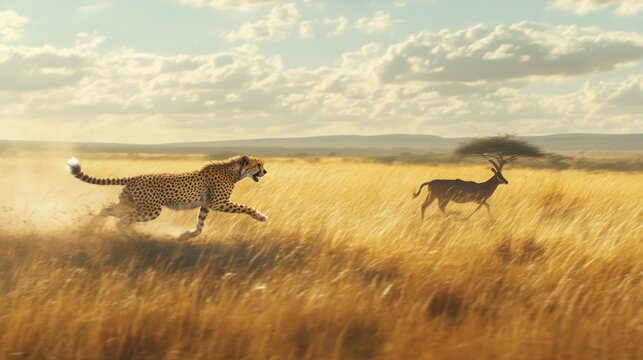Cheetah chasing impala in savanna at sunset, wildlife