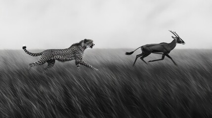 Cheetah chasing gazelle in savanna grassland; wildlife hunt