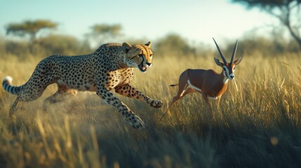 Cheetah chasing gazelle in African savanna at dawn; wildlife documentary