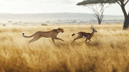 Cheetah chasing gazelle, savanna sunrise, wildlife hunt