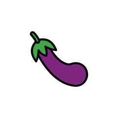 A purple eggplant with green leaves and a black outline rests